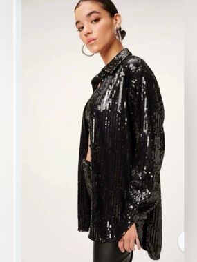 Good American Black Sequin Button Down Shirt Size 0/XS Long Sleeve Party